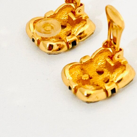 Vintage Christian Dior Gold Tone Faceted Rhinestone/Black Enamel Clip Earrings - Picture 8 of 9